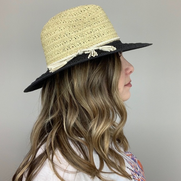 Night Train Straw Hat Tan Black Boho Wide Brim - Picture 3 of 8